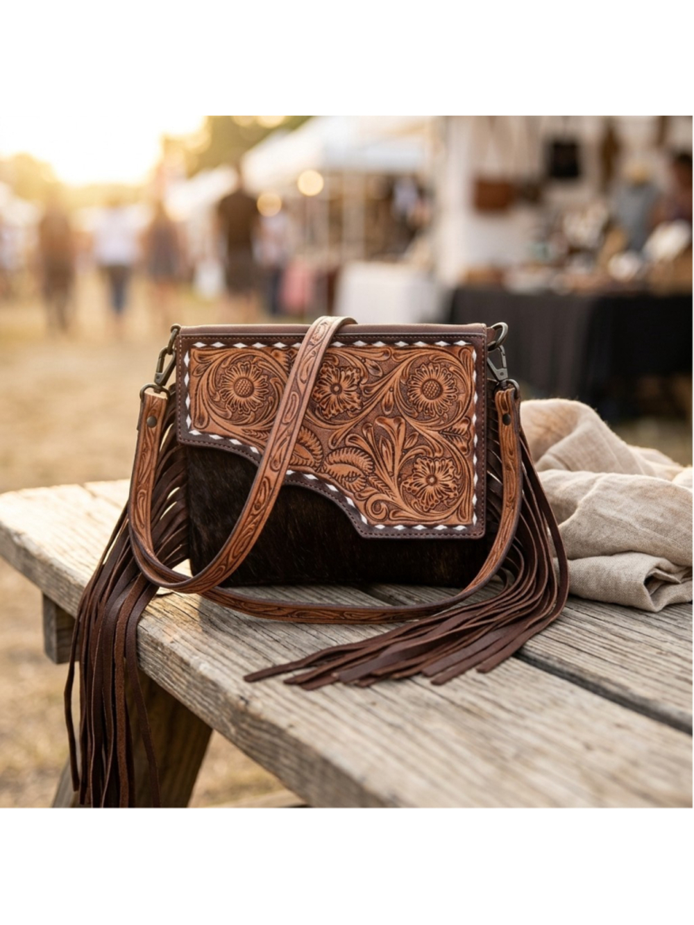 Hand-Tooled Brown Leather Fringe Crossbody Bag